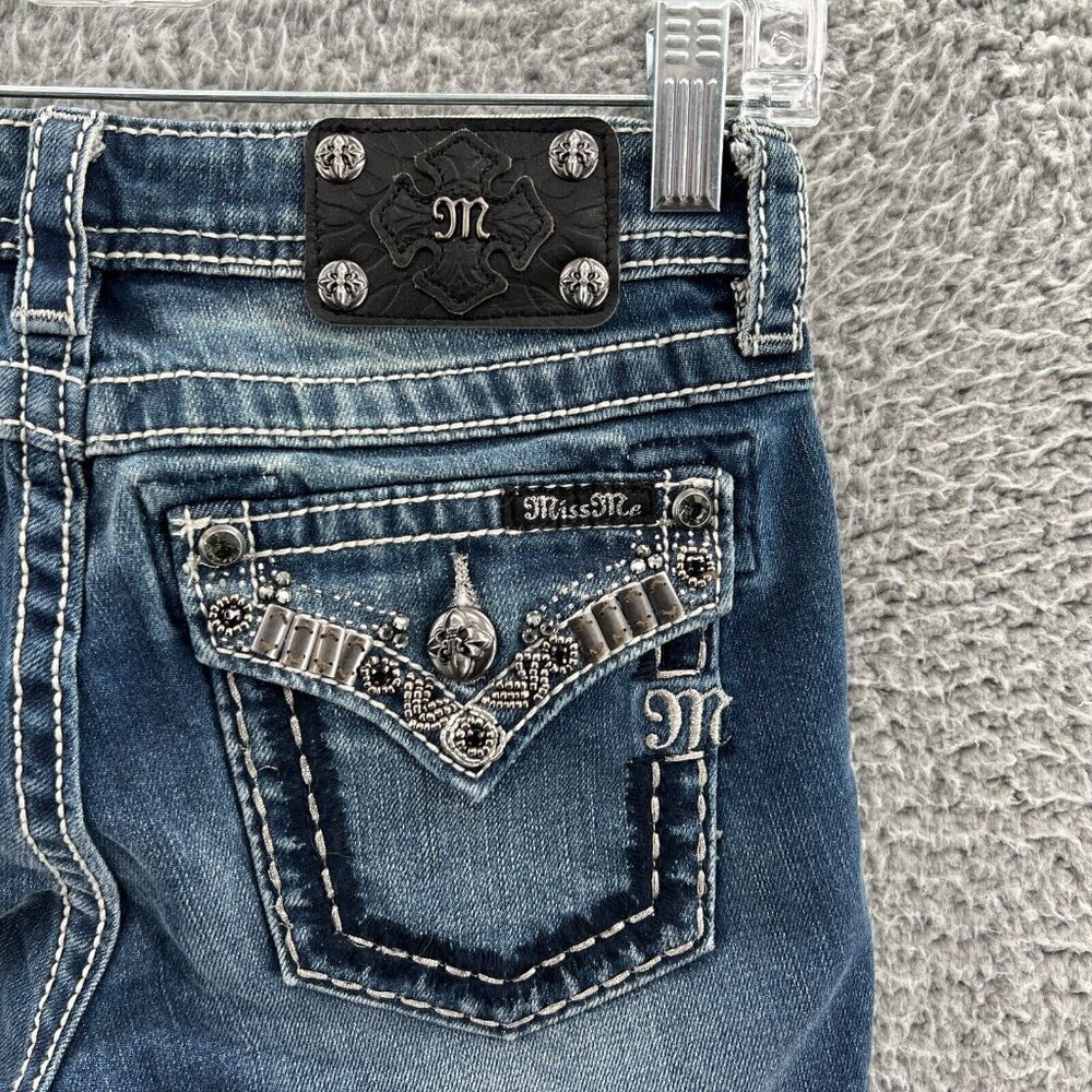Miss Me Girls Dark Blue Distressed Denim Bermuda Shorts - Picture 3 of 13